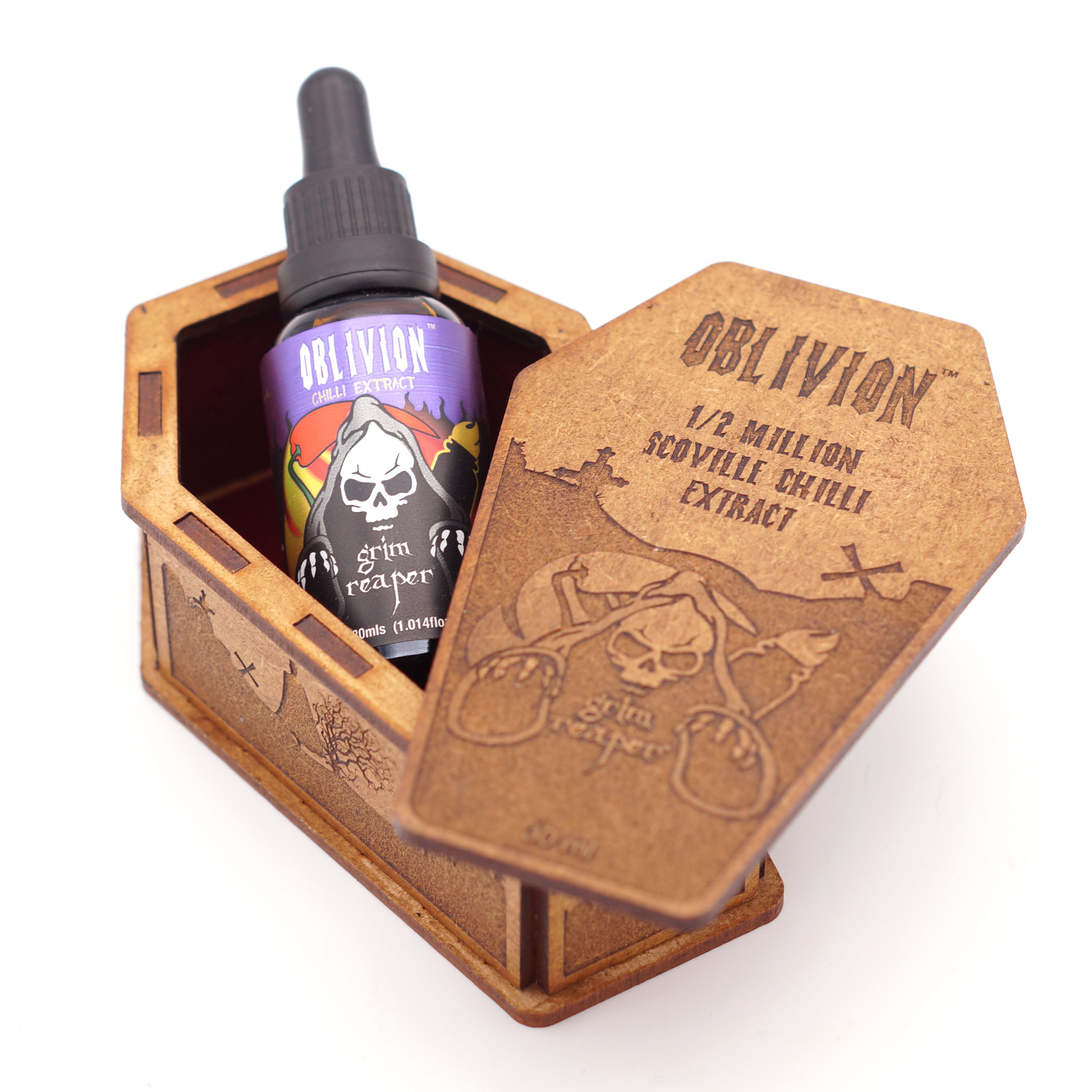 Grim Reaper - Oblivion - 1/2 millón de extracto de chile Scoville - Ataúd grabado con láser