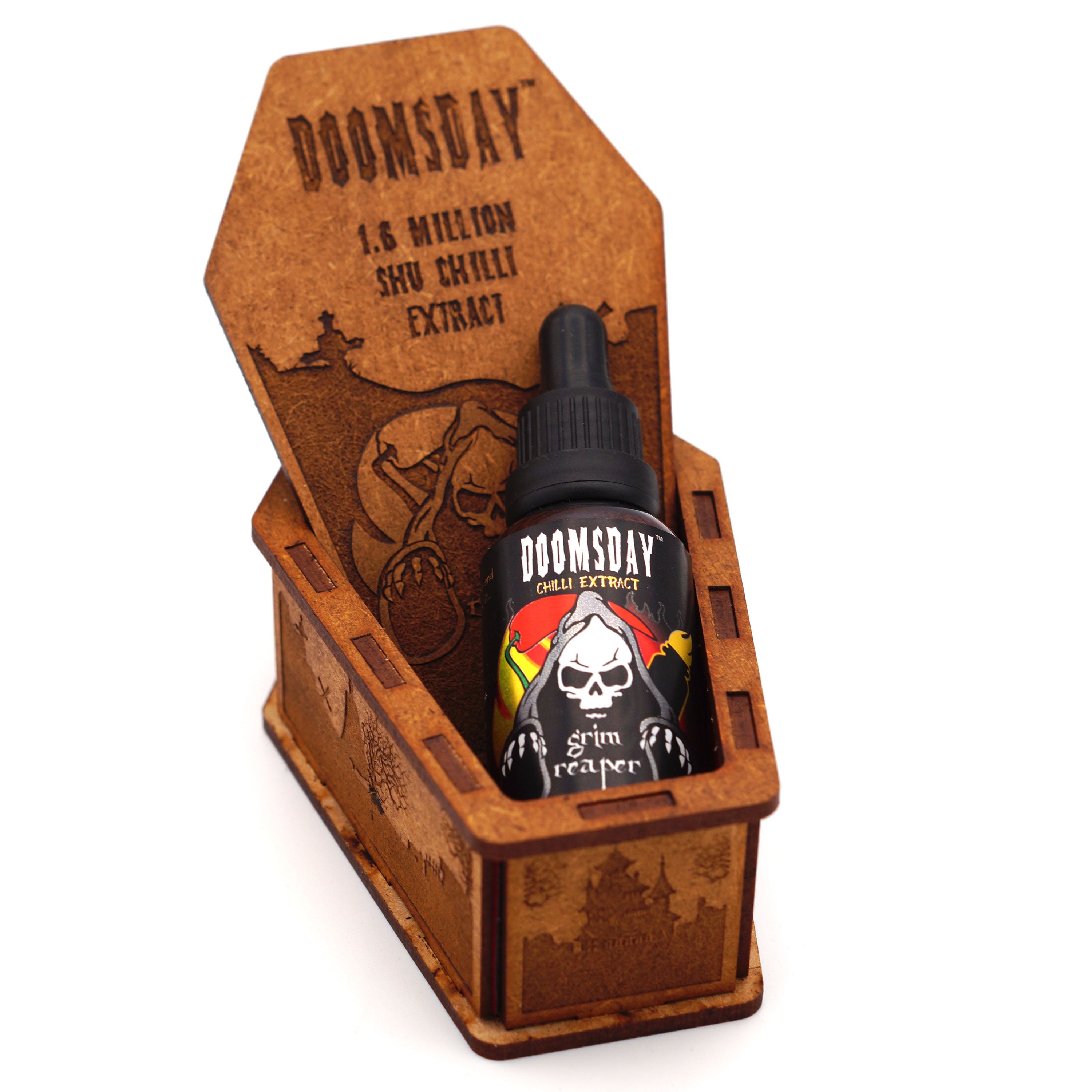 Grim Reaper - Doomsday - Extracto de chile picante Scoville de 1,6 m en un ataúd grabado con láser