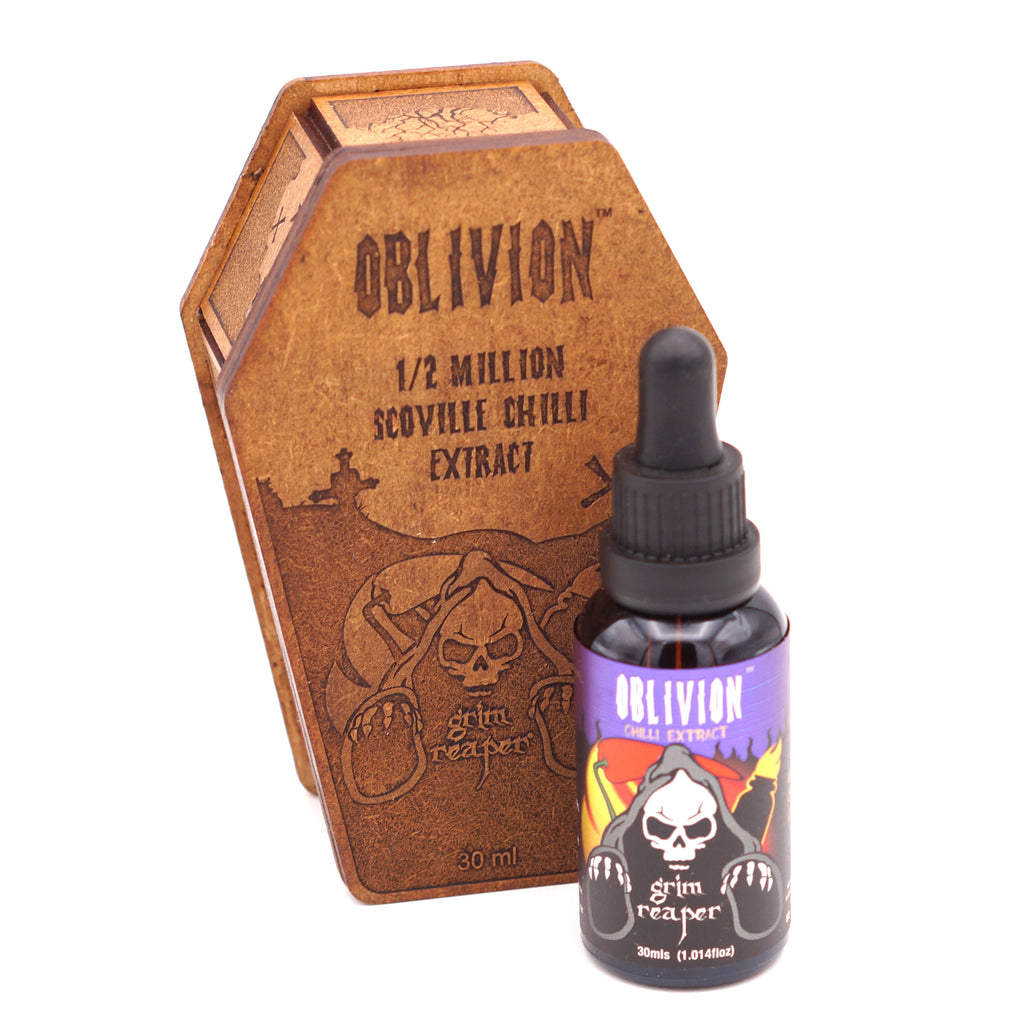 Grim Reaper - Oblivion - 1/2 millón de extracto de chile Scoville - Ataúd grabado con láser
