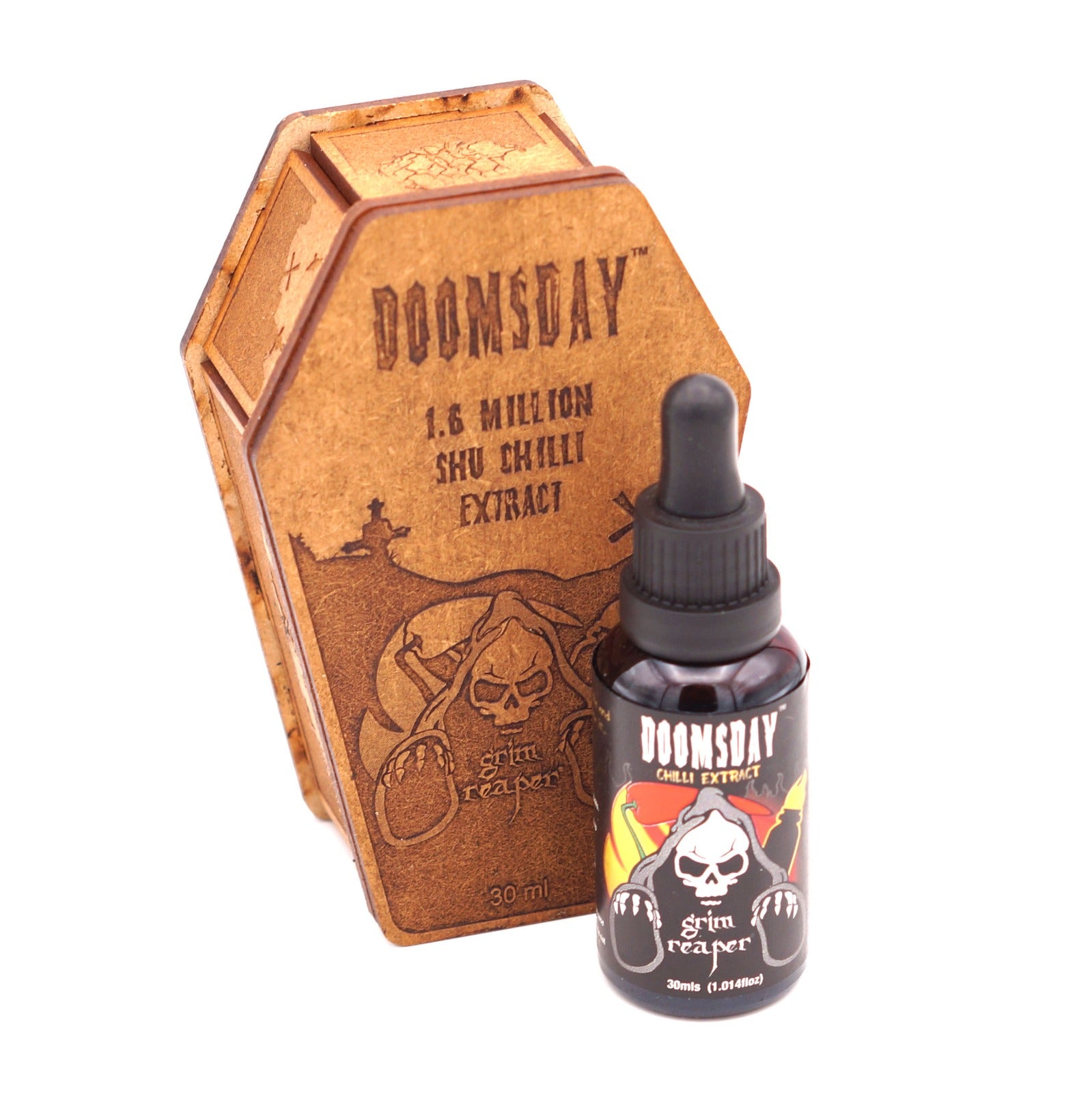 Grim Reaper - Doomsday - Extracto de chile picante Scoville de 1,6 m en un ataúd grabado con láser