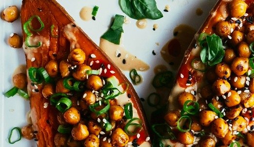 Vegan Sweet Potato with Chickpeas & Chilli Sauce